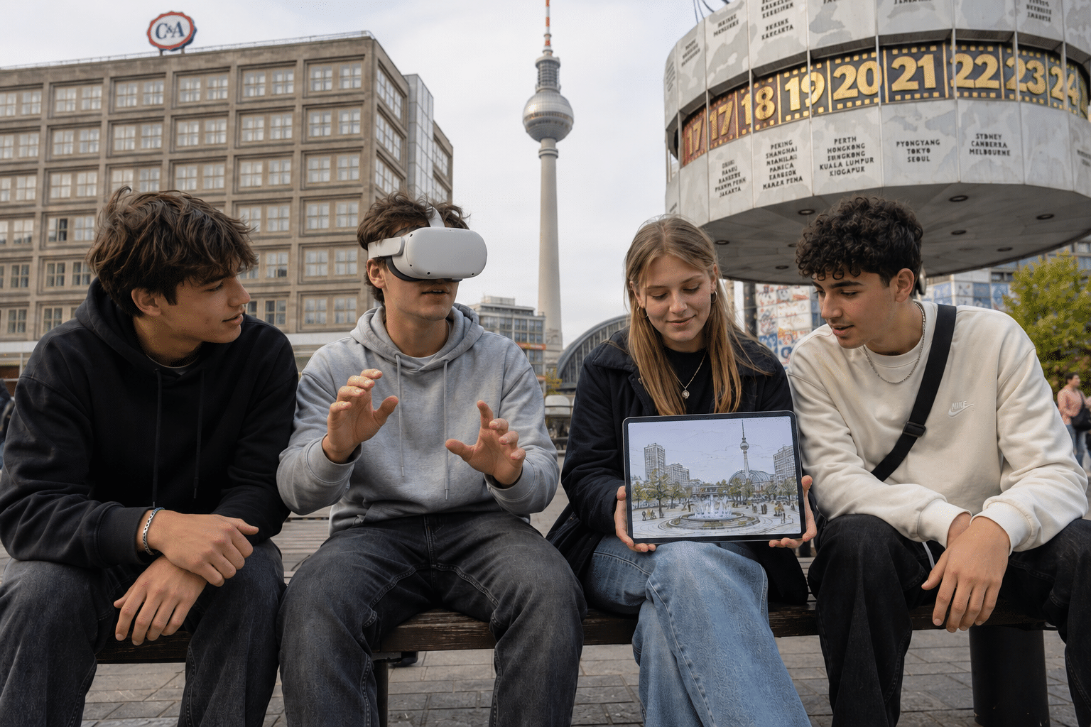 Foto von 4 Jugendlichen, die nebeneinander unter freiem Himmel sitzen. Ein Mädchen hat einen aufgeklappten Laptop auf dem Schoß, auf dem der Berliner Fernsehturm zu sehen ist; ein Junge trägt eine VR-Brille auf dem Kopf. Im Hintergrund ist die Berliner Weltzeituhr auf dem Alexanderplatz zu sehen.
