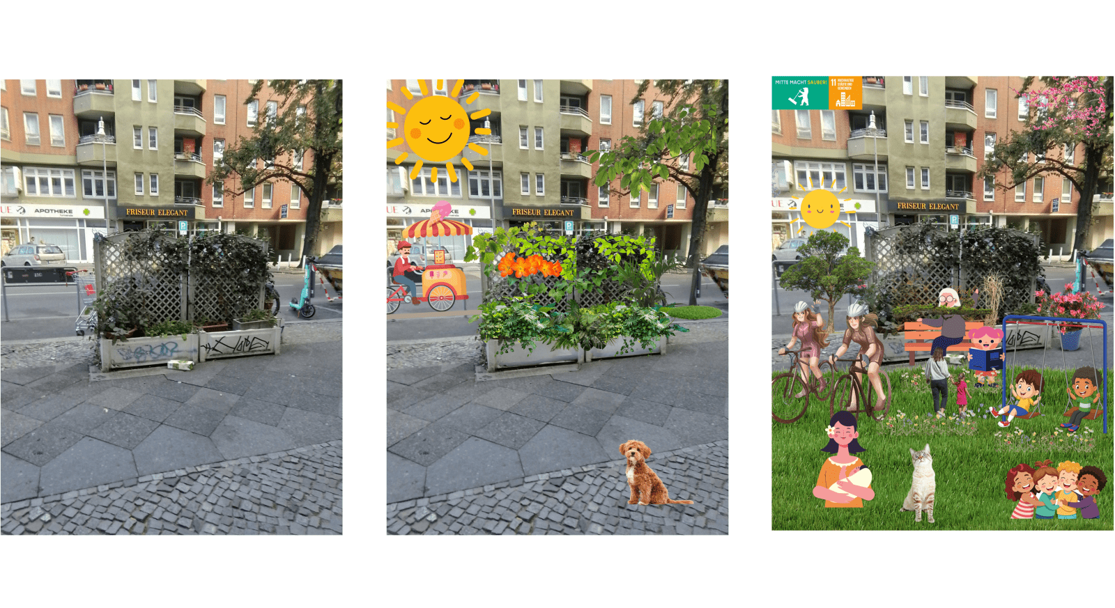 Links das Originalfoto einer Straße in Berlin-Moabit, rechts zwei mit AR gestaltete Alternativen