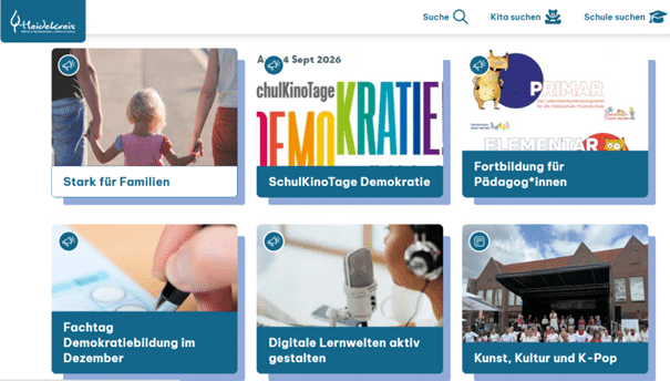 Screenshot des Newsletters: Sechs Kacheln, jeweils mit einem Bild und einem Titel.